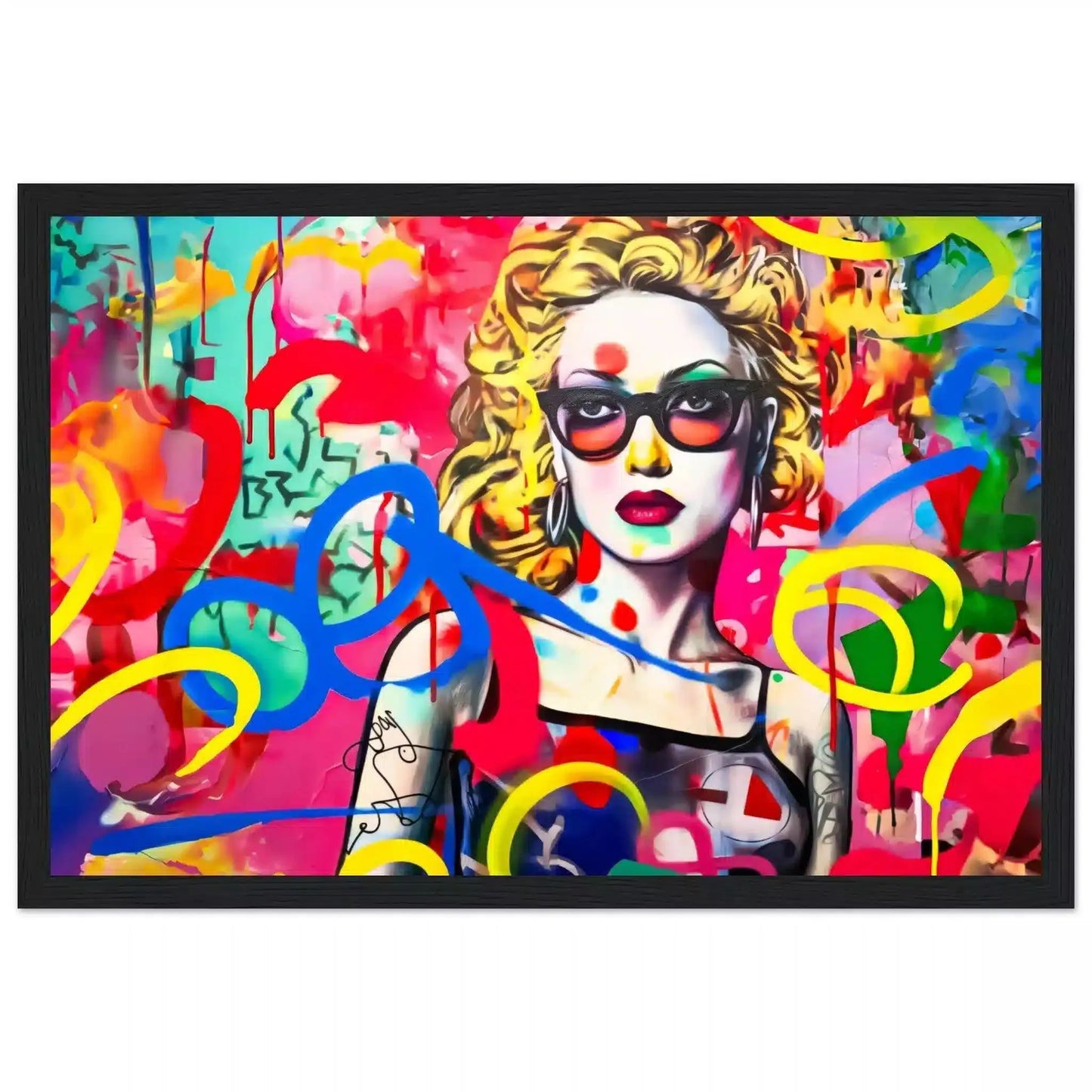 Black wooden framed art print of a blonde haired woman with tattoos wearing sunglasses, set against a vibrant graffiti backdrop. Title: Graffiti Tattooed Temptation-Graphique Addictions.