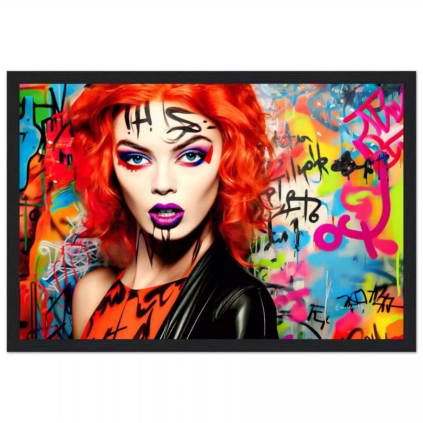 Black wooden framed print featuring a red-headed woman with bold gothic makeup, wearing a black leather jacket and an orange top, set against a colorful graffiti background. Graffiti Vixen-Graphique Addictions.