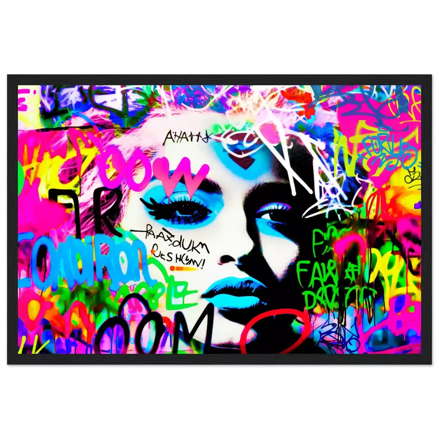 Black wooden framed print of Madonna's face covered in colorful graffiti. Madonna's Graffiti Groove-Graphique Addictions.