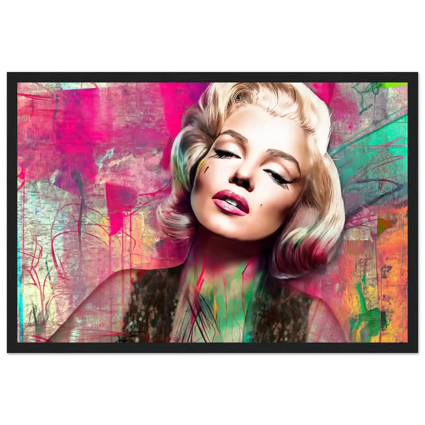 Abstract portrait of Marilyn Monroe with pink lips and lime green graffiti-style background-black-12x18-inches-wooden-framed-print-marilyns-candy-lime-collage-framed-print, Graphique Addictions