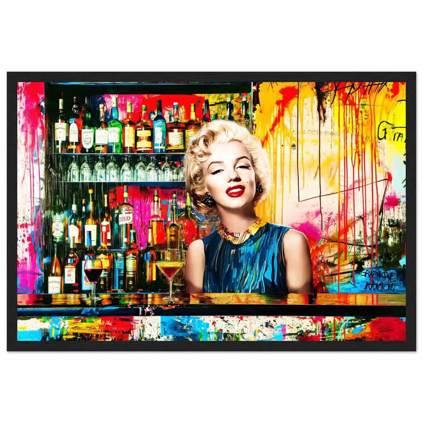 Black wooden frame of Marilyn Monroe standing behind a bar with alcohol bottles on the shelves, vibrant abstract colors, graffiti, and paint. Monroe's Cocktail Hour-Graphique Addictions.