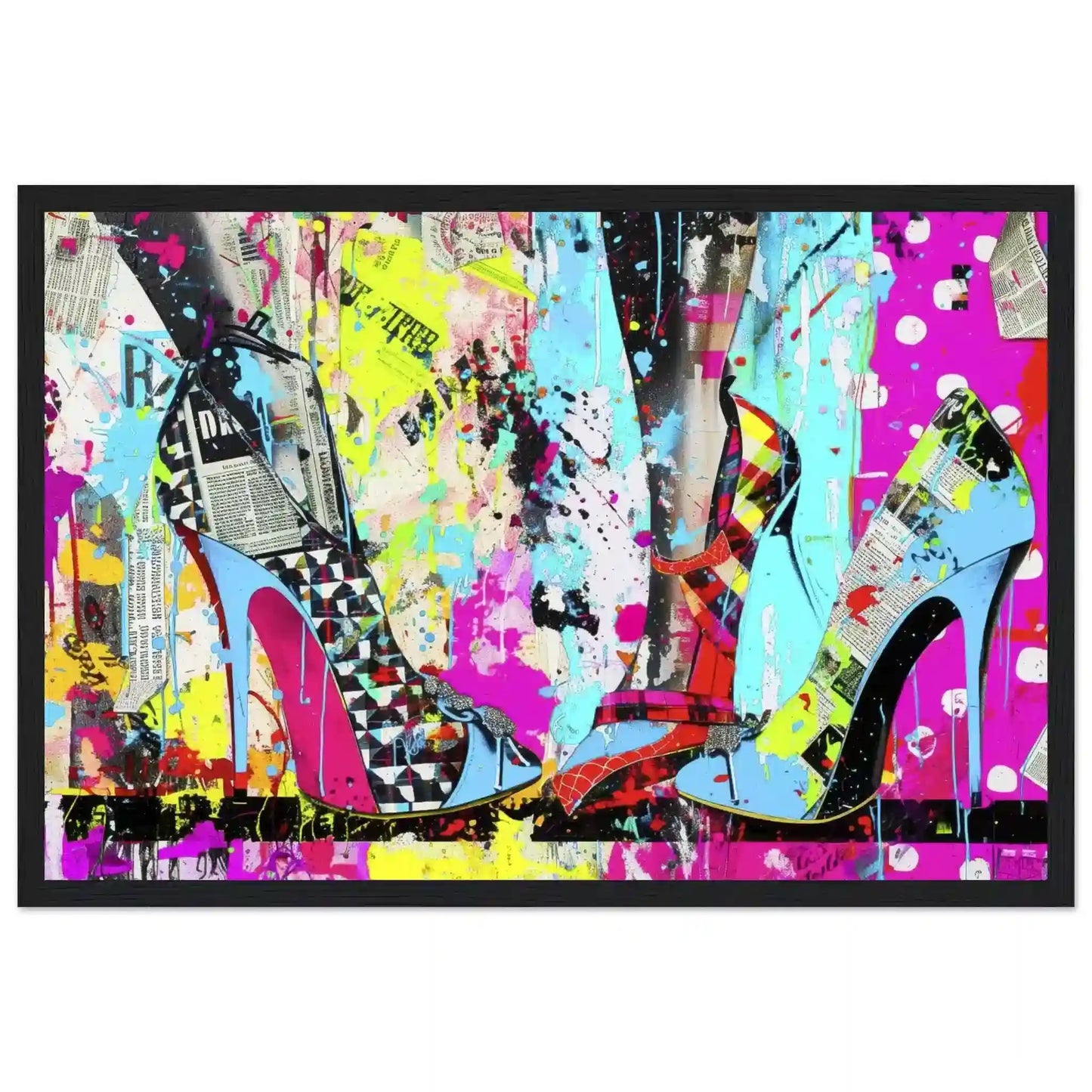 Black wooden framed print of high heels against a backdrop of colorful newspaper texture collage and paint splashes. Neon Stiletto 80's Remix-Graphique Addictions.