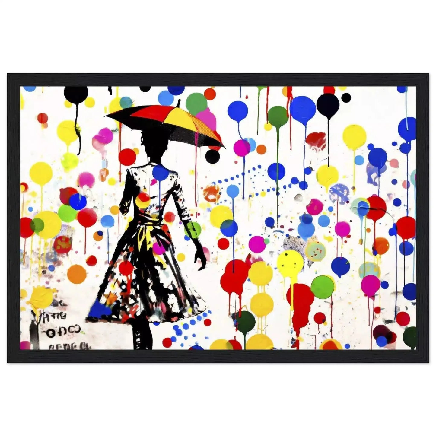Elegant woman with umbrella amid colorful paint splashes, dots, and balloons on a white background. Black Wooden Framed Print-Polka Splash Soiree-Graphique Addictions