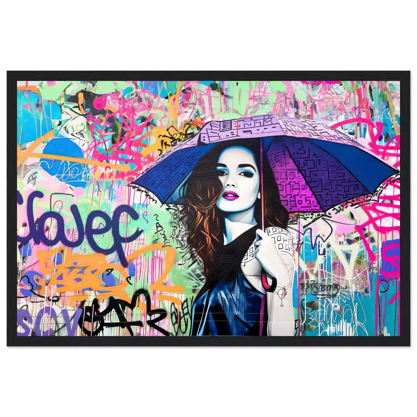 Brunette woman with long hair, holding a purple-blue colored umbrella with black graffiti accents. Black Wooden Framed Print-Rainbow Graffiti Tempest Graphique Addictions