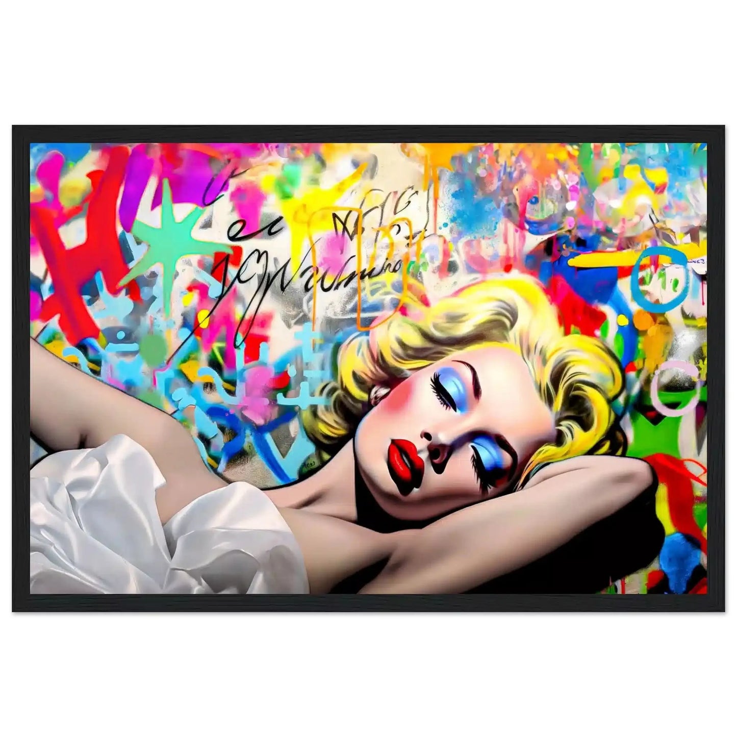 Blonde woman in a white dress lying down, with blue eyeshadow and red lipstick, against a vibrant graffiti wall. Black Wooden Framed Print-Street Style Serenade - Graphique Addictions