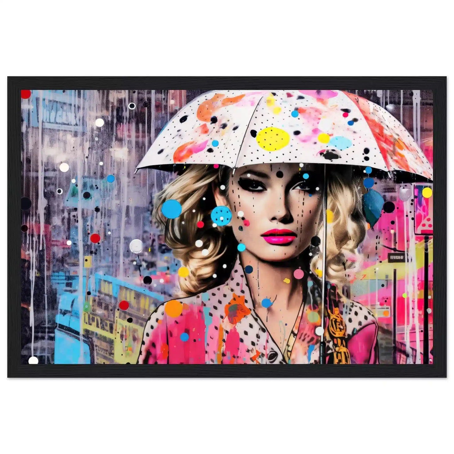 Blonde woman in a polka-dot dress with a colorful umbrella, set against a rain-soaked cityscape with pink and blue street art. Black Wooden Framed Print-Vibrant Drizzle Elegance-Graphique Addictions