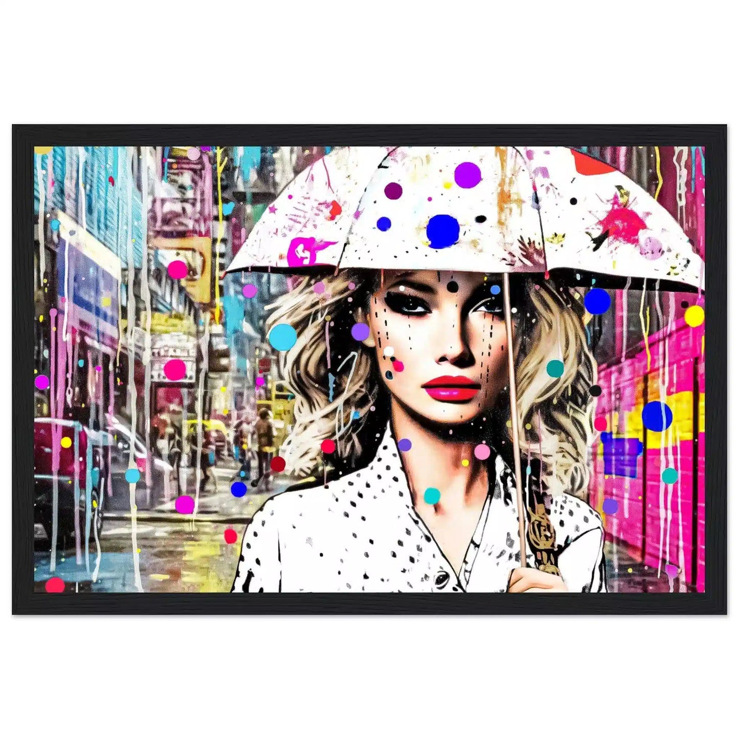 Black wooden frame of woman holding a white umbrella with colorful dotted paint splatters. Vivid Vogue Rainfall, Graphique Addictions.