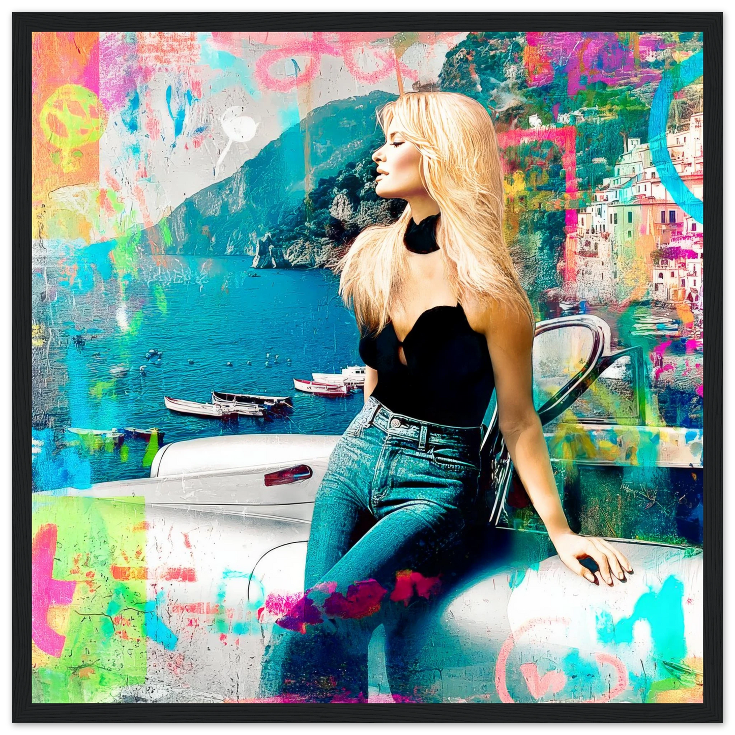 collage art painting of brigitte bardot in italy at the coast of amalfi leaning against a white corvette-black-wooden-framed-print-amalfi-coast-pop-framed-print-8, Graphique Addictions
