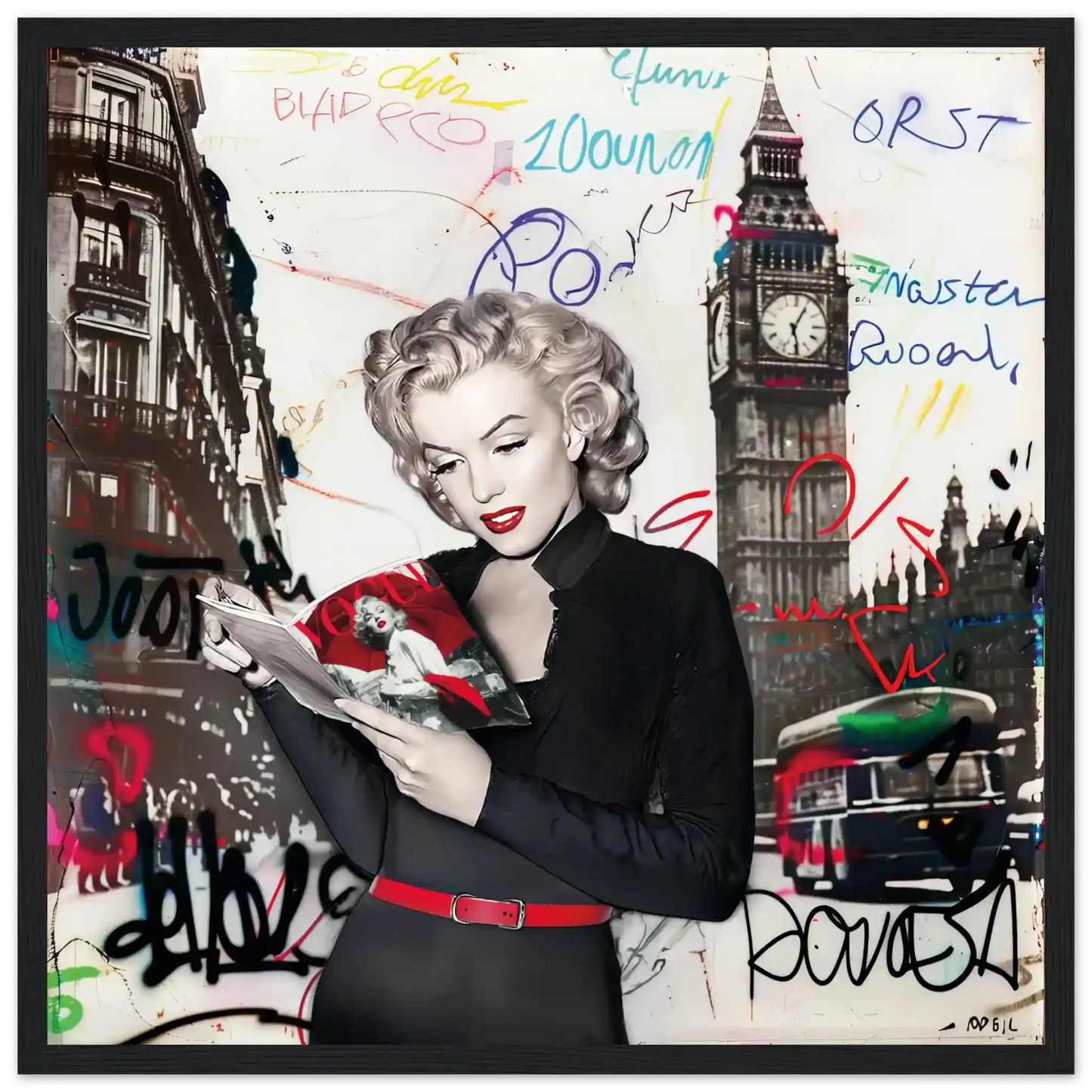 Black and white art of Marilyn Monroe in London with vibrant red lips, Big Ben behind her, and colorful graffiti.-black-16x16-inches-wooden-framed-print-marilyn-in-london-8, Graphique Addictions