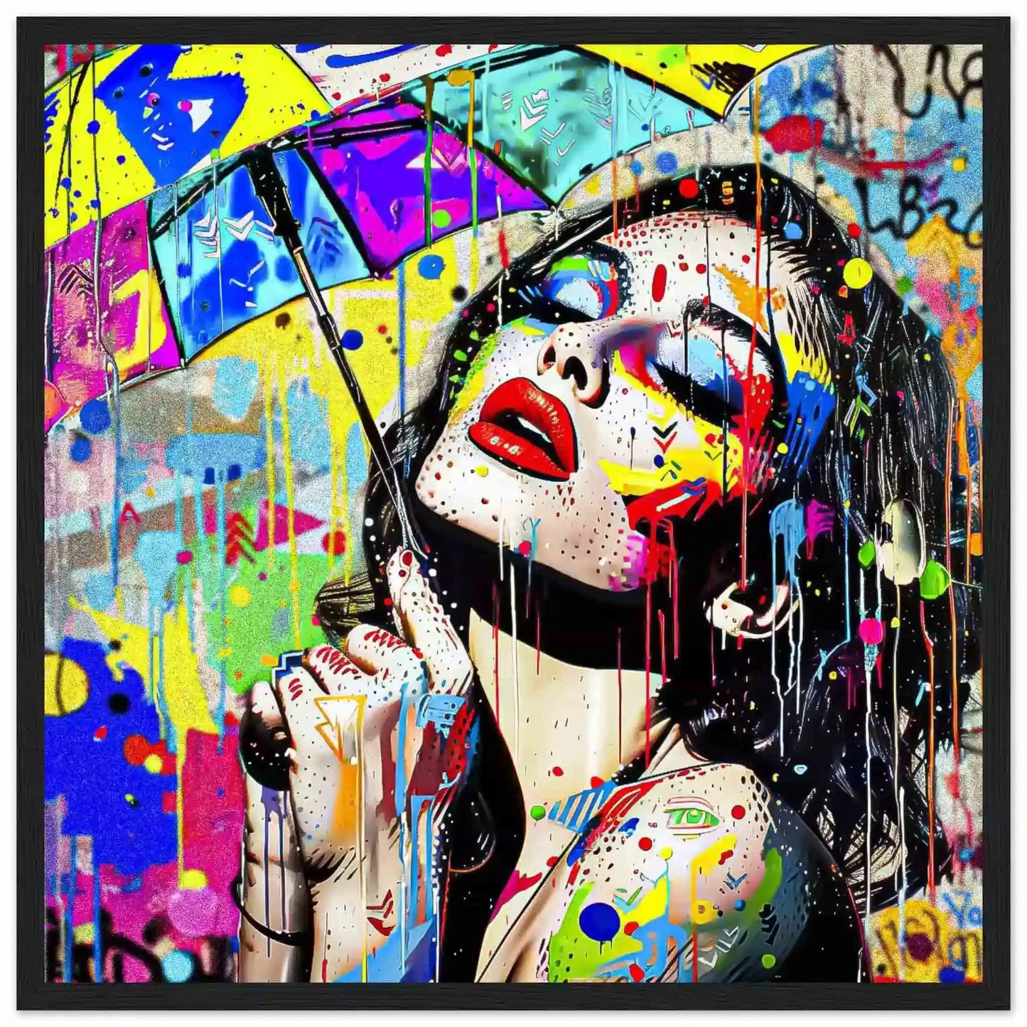 beautiful woman holding an umbrella against a vibrant storm of colorful paint splashes. Black wooden Framed Print-Painted Rainstorm Glam-Graphique Addictions