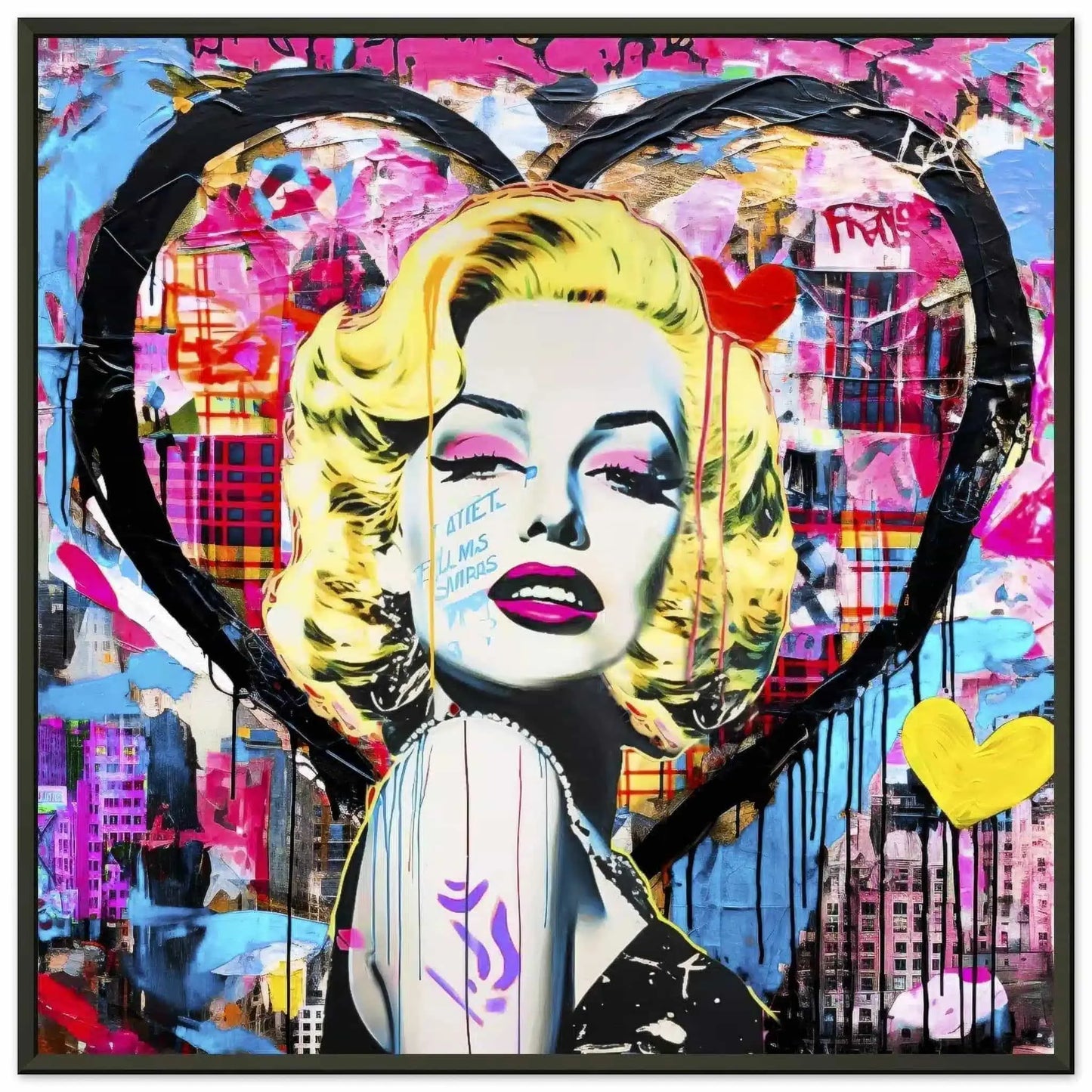 Marilyn Monroe portrait set against a heart-shaped cityscape background, with vibrant graffiti and bold colors and patterns. Black Metal Framed Print-Vibrant Heart Portrait-Graphique Addictions