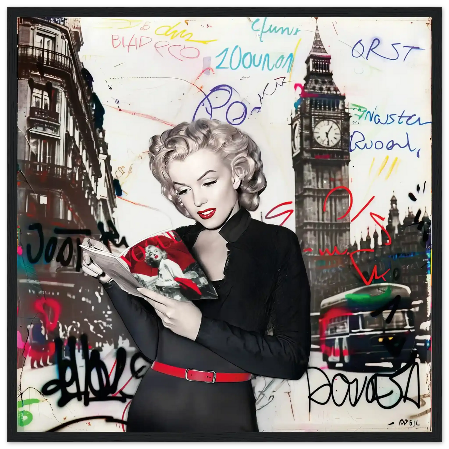 Black and white art of Marilyn Monroe in London with vibrant red lips, Big Ben behind her, and colorful graffiti.-black-20x20-inches-wooden-framed-print-marilyn-in-london-11, Graphique Addictions