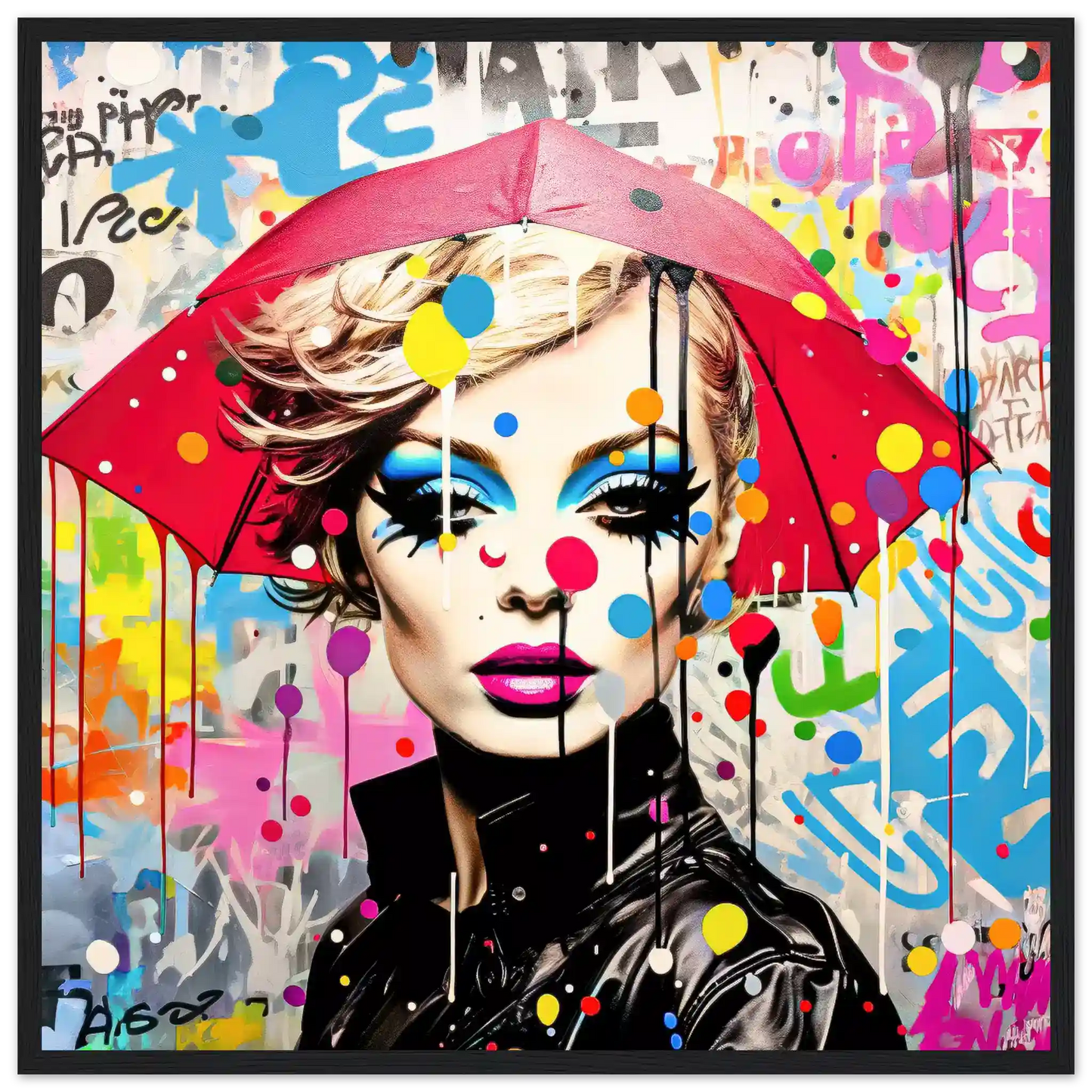 Portrait of a model with bold makeup and polka dots, holding an oversized umbrella, set against colorful street graffiti with lines and paint-drip effects. Black Wooden Framed Print-Rain Radiance-Graphique Addictions