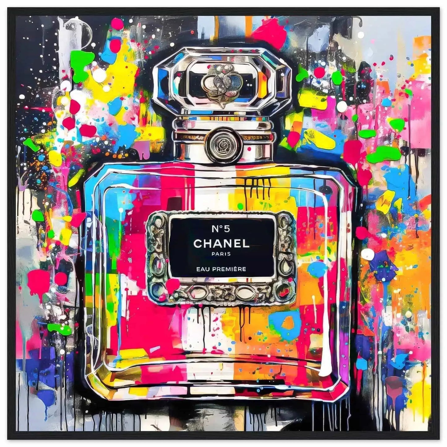 Chanel No5 perfume bottle with colorful graffiti splashes on a gray gradient background. Black Wooden framed print - Urban Eau de Chanel-Graphique Addictions