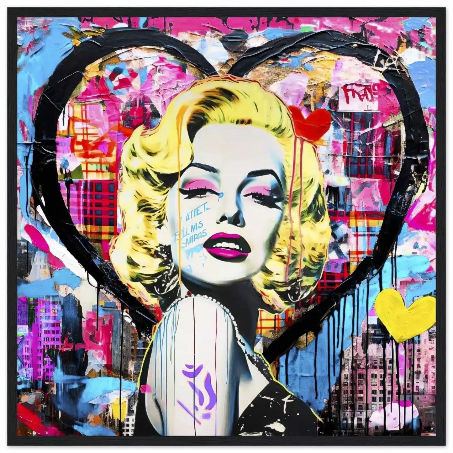 Marilyn Monroe portrait set against a heart-shaped cityscape background, with vibrant graffiti and bold colors and patterns. Black Wooden Framed Print-Vibrant Heart Portrait-Graphique Addictions