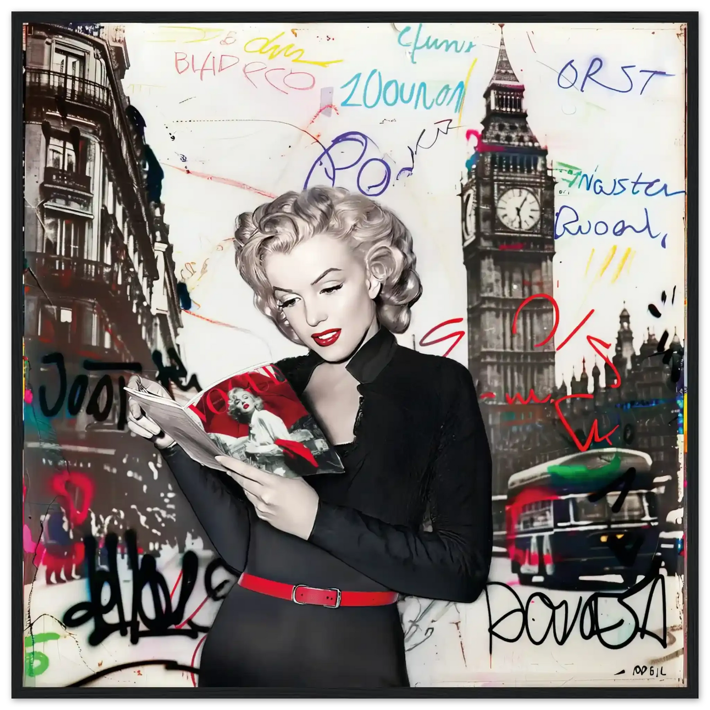 Black and white art of Marilyn Monroe in London with vibrant red lips, Big Ben behind her, and colorful graffiti.-black-28x28-inches-wooden-framed-print-marilyn-in-london-13, Graphique Addictions