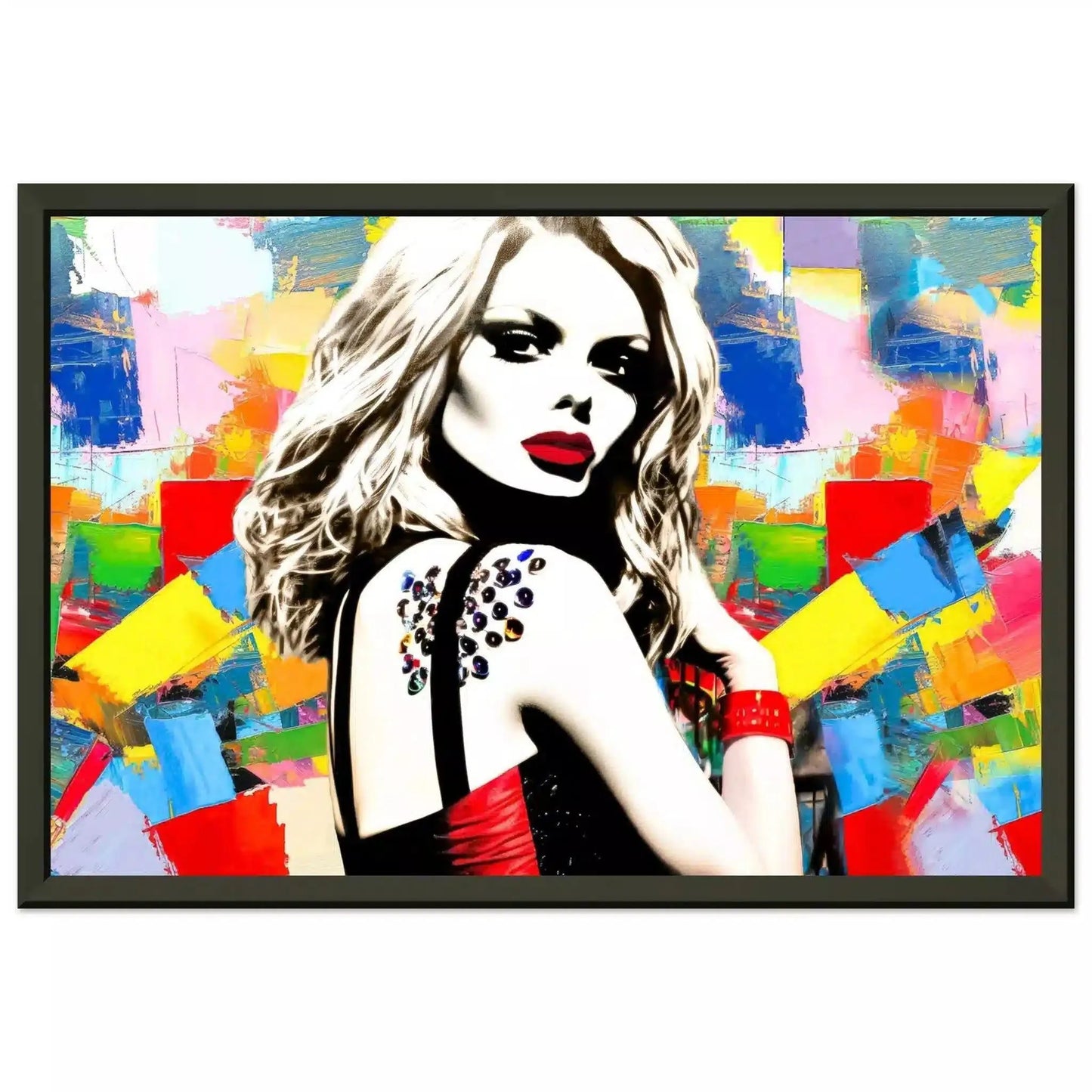Black metal framed print of Claudia Schiffer against a backdrop of multi-colored abstract geometric patterns wearing a black and red dress. Claudias Chromatic Cosmos-Graphique Addictions.
