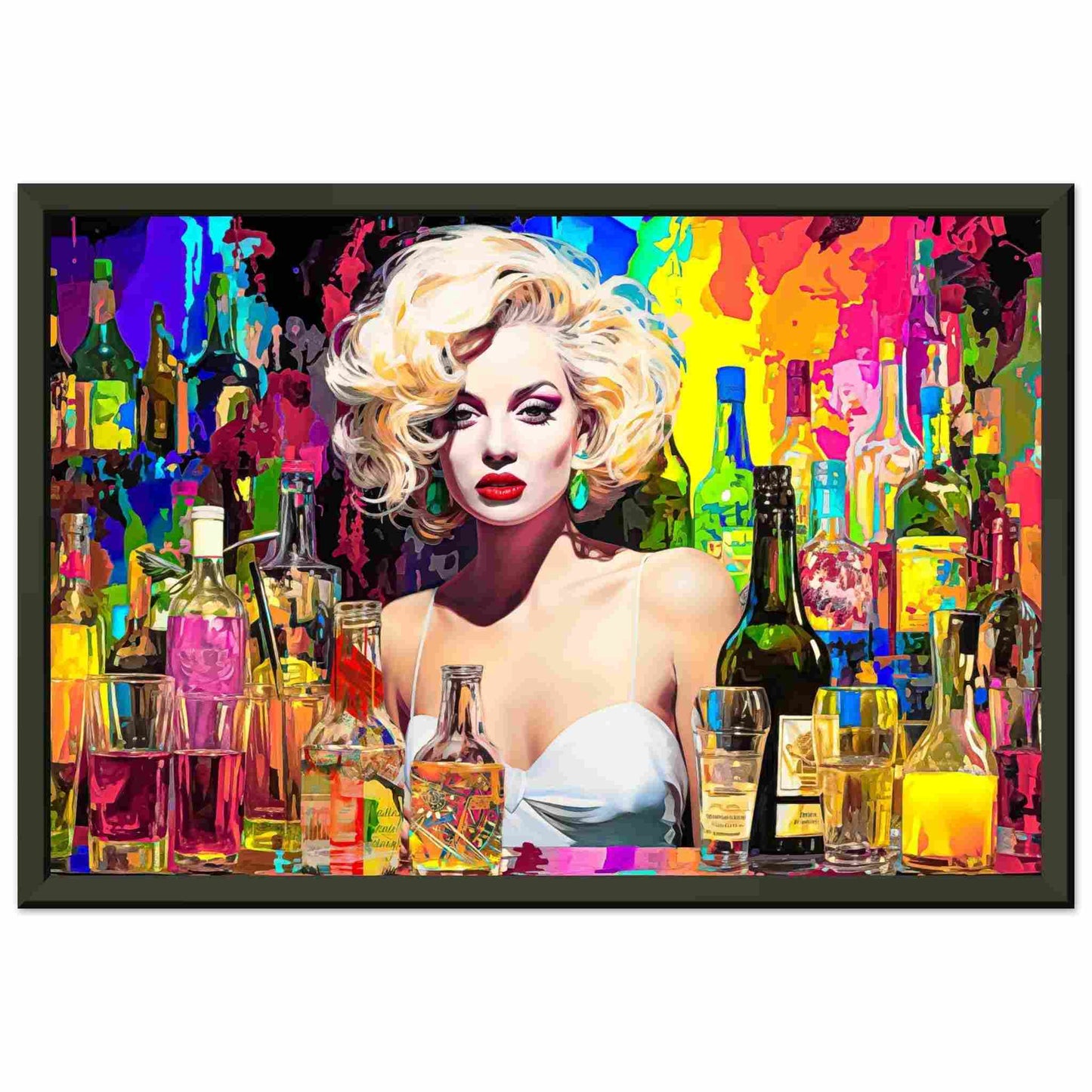Black metal framed print of Marilyn Monroe behind the bar in a white dress, surrounded by colorful alcohol bottles and glasses. Marilyn's Intoxication of Imagination-Graphique Addictions.