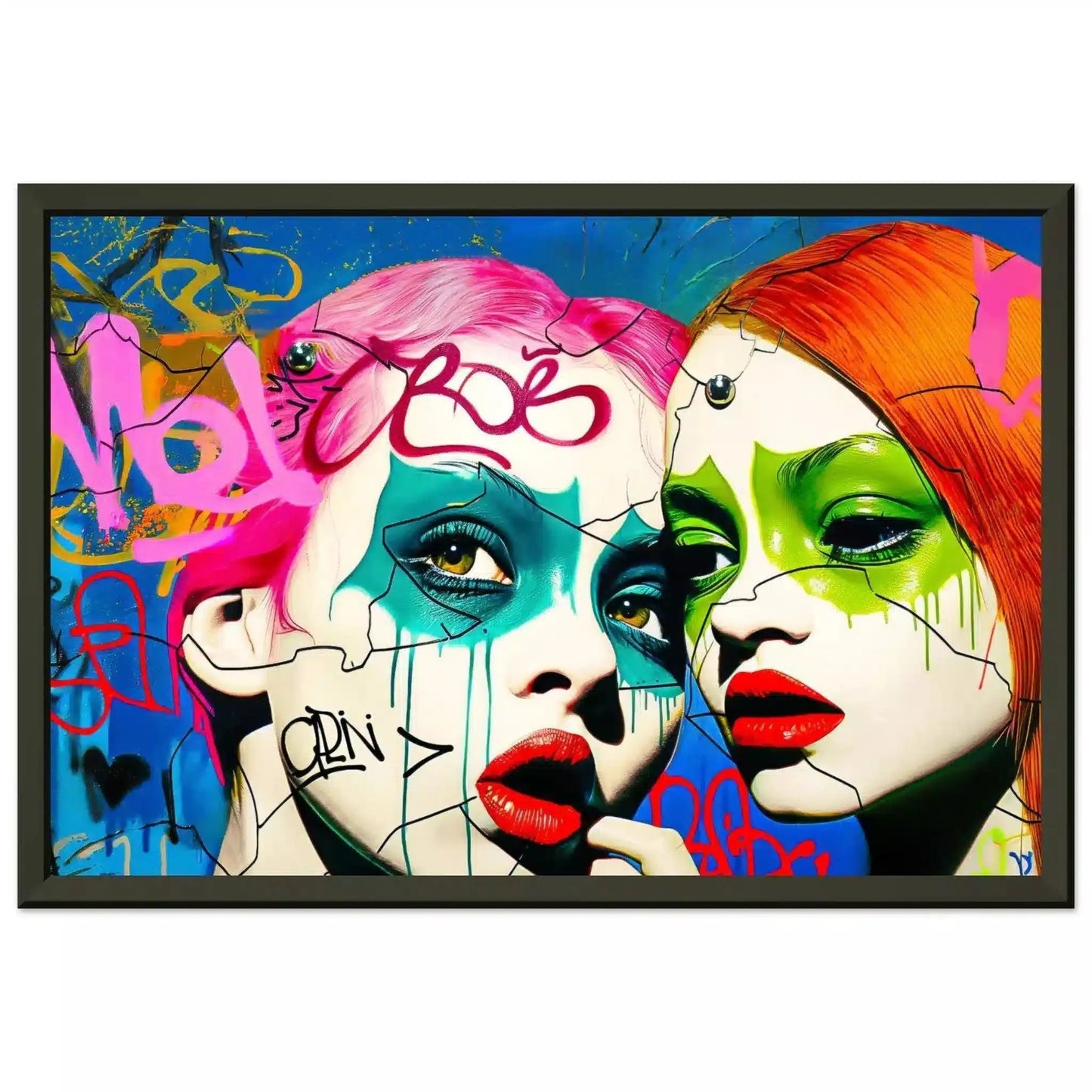 Black metal frame of 2 teenage girls with pink and orange-red hair, green eyes, and bold red lips against a backdrop of colorful street art. Phantoms puzzle of decay-Graphique Addictions