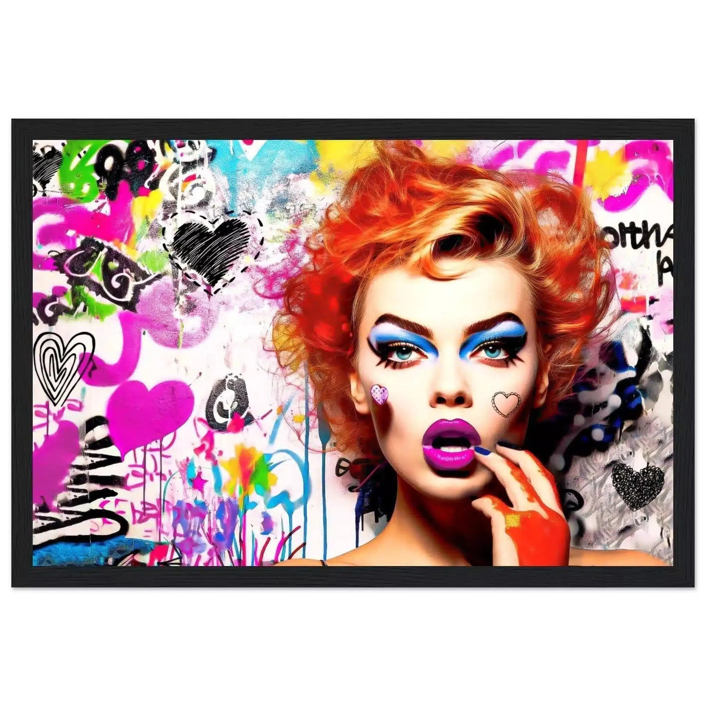 Chic Chaos: Red-haired woman against a backdrop of colorful graffiti art, hearts, and butterflies in a black wooden frame-Graphique Addictions.