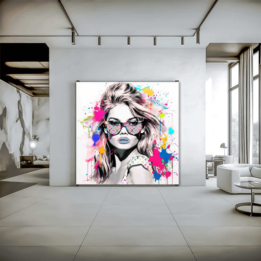 Living room wall decor of Brigitte Bardot wearing sunglasses with Louis Vuitton multi-colored monogram, colorful paint splashes on a white background. Vuitton Vision, Graphique Addictions.