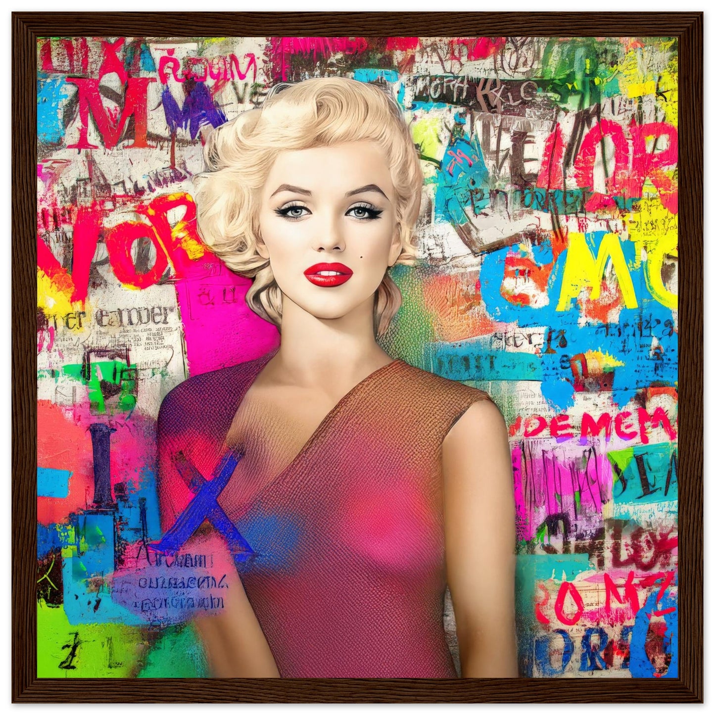 brown wooden framed print of colorful artwork of marilyn monroe wearing a pink dress with graffiti-style letters. Marilyns Letter Chaos-Graphique Addictions.