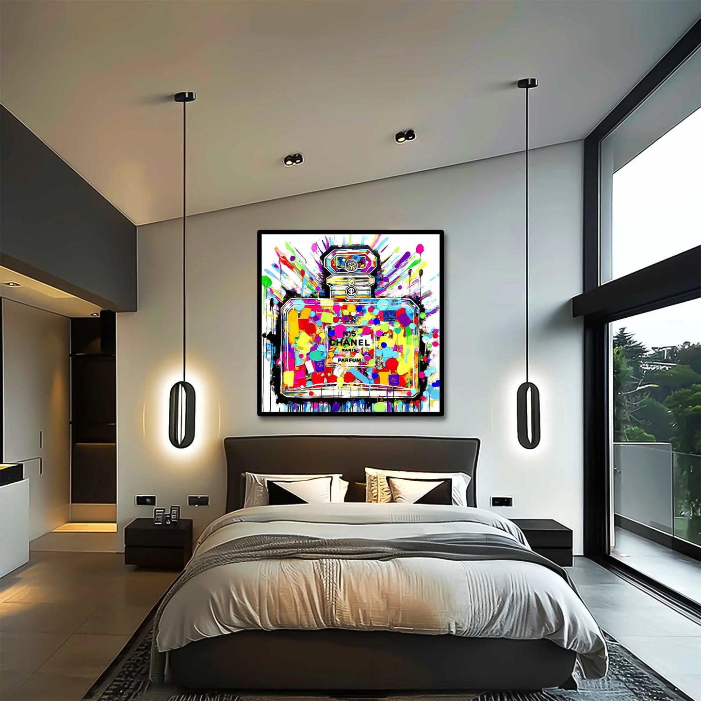 Chroma Scent Splatter: Bedroom mockup of Chanel No. 5 perfume, vibrant polka dots inside and paint splatters-Graphique Addictions.