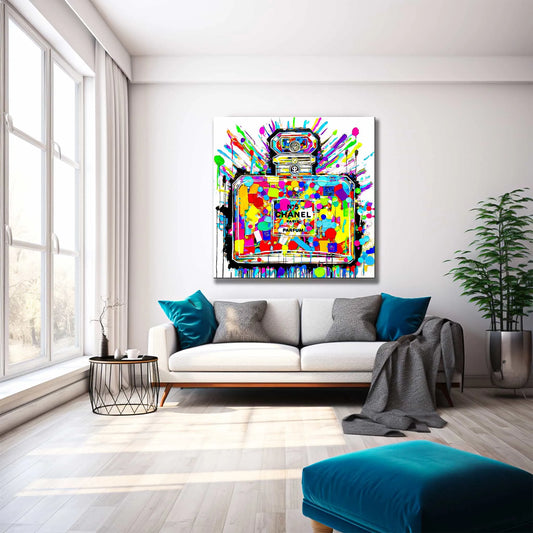 Chroma Scent Splatter: Living Room mockup of Chanel No. 5 perfume, vibrant polka dots inside and paint splatters-Graphique Addictions.
