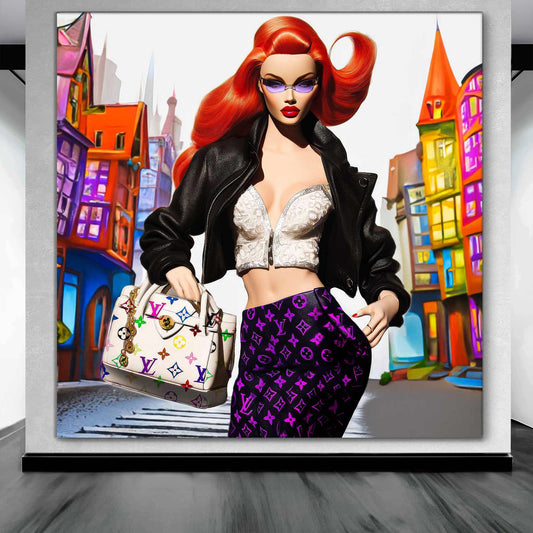 Art gallery mockup of red-haired fashion doll in white halter top, black leather skirt, holding Louis Vuitton bag with colorful building backdrop. City Doll Pop-Graphique Addictions.