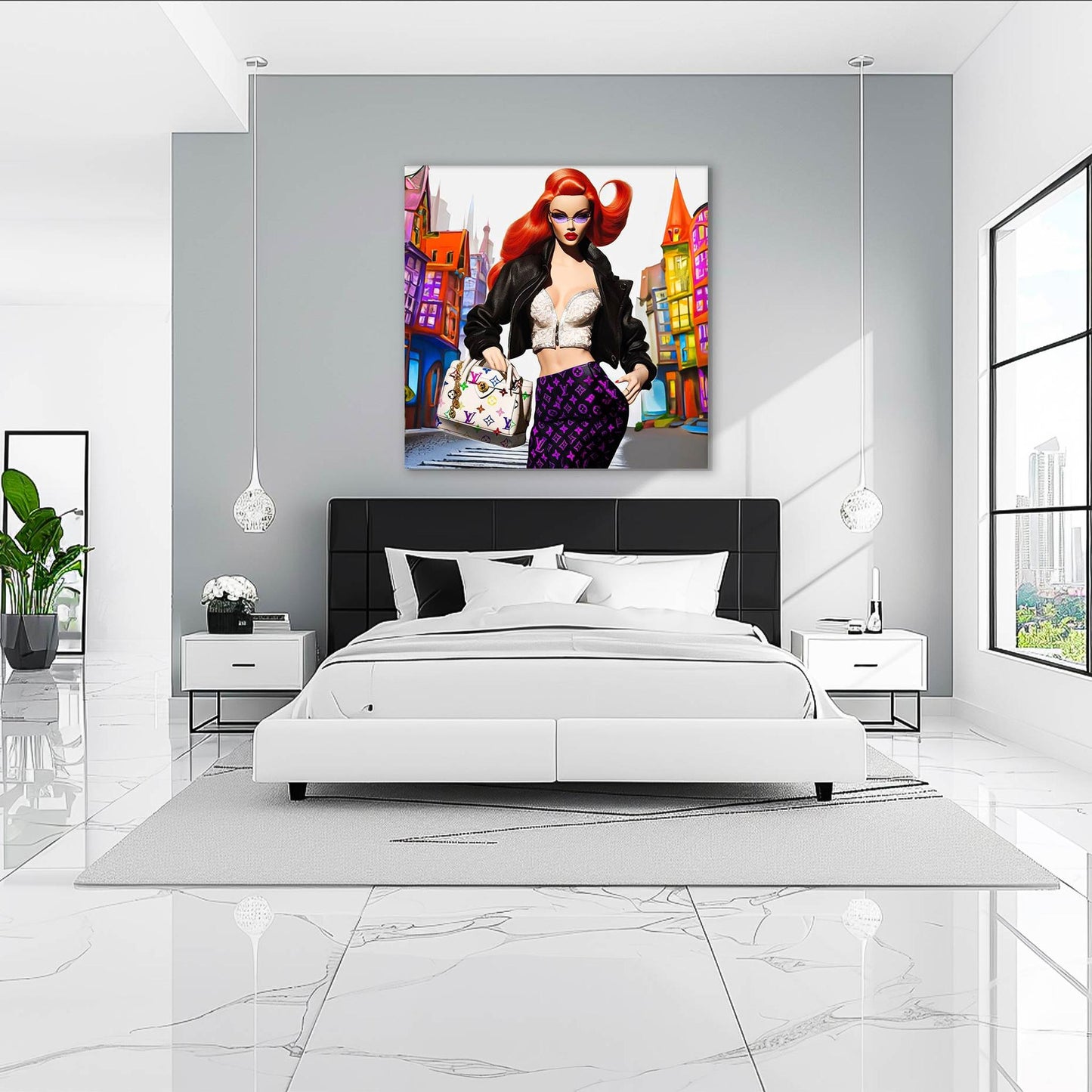 Bedroom wall decor of red-haired fashion doll in white halter top, black leather skirt, holding Louis Vuitton bag with colorful building backdrop. City Doll Pop-Graphique Addictions.