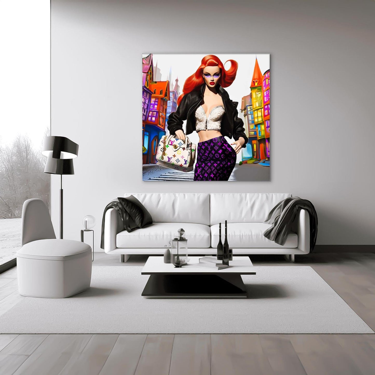 Living room wall decor of red-haired fashion doll in white halter top, black leather skirt, holding Louis Vuitton bag with colorful building backdrop. City Doll Pop-Graphique Addictions.