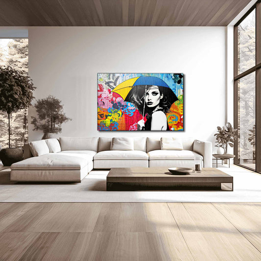 Living room wall art of a woman holding an umbrella, surrounded by vibrant graffiti and graph paper patterns in black, blue, yellow, white, and red. Color Me Rainy-Graphique Addictions.