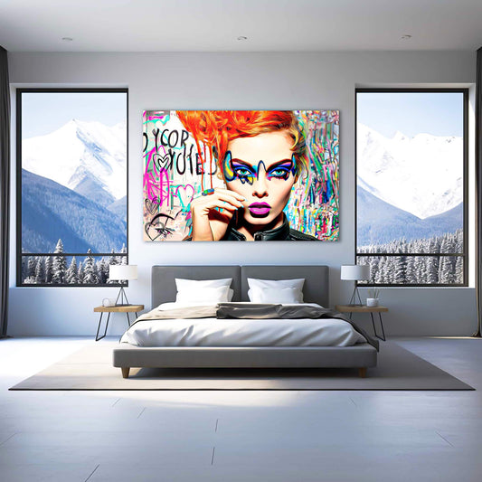 Woman with orange-red hair, blue eyes, and vibrant geometric eyeshadow against a colorful graffiti backdrop bedroom wall art titled: Colorburst Diva-Graphique Addictions.