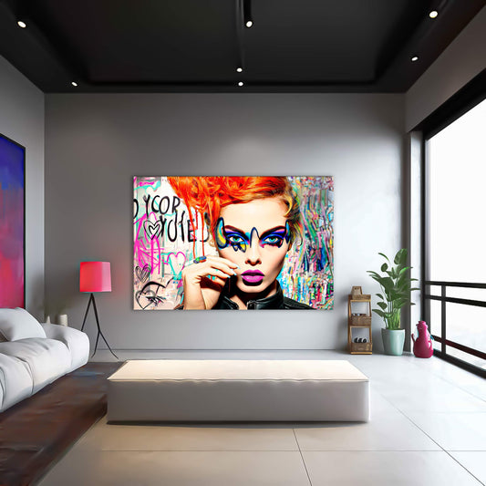 Woman with orange-red hair, blue eyes, and vibrant geometric eyeshadow against a colorful graffiti backdrop living room wall art titled: Colorburst Diva-Graphique Addictions.