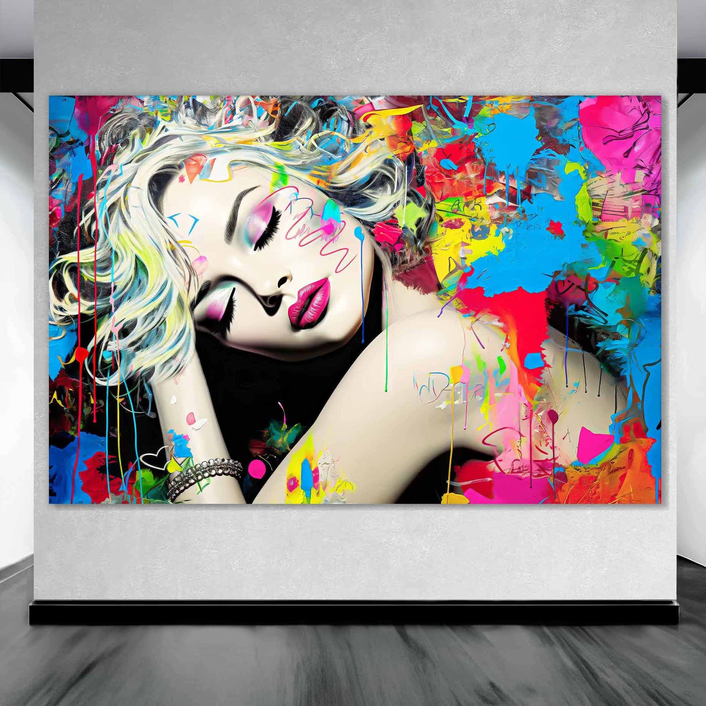 Blonde woman with colorful makeup, tattoos, and graffiti against a backdrop of colorful splashes. Art gallery wall mockup titled: Colorful Captivation-Graphique Addictions.