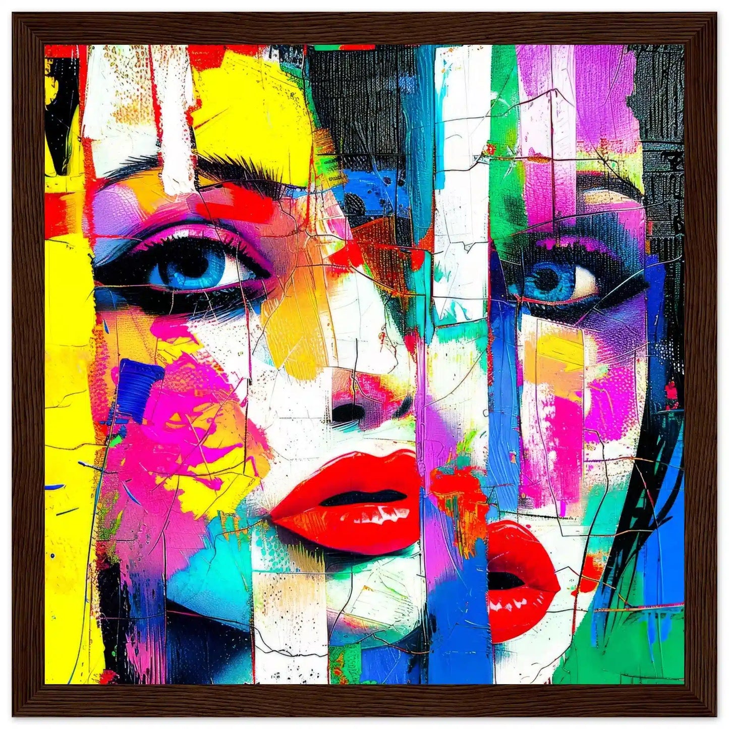 Brown wooden framed print of woman's face composed of geometric shapes in vibrant colors, aluminum print. Abstract-Femme, Graphique Addictions.