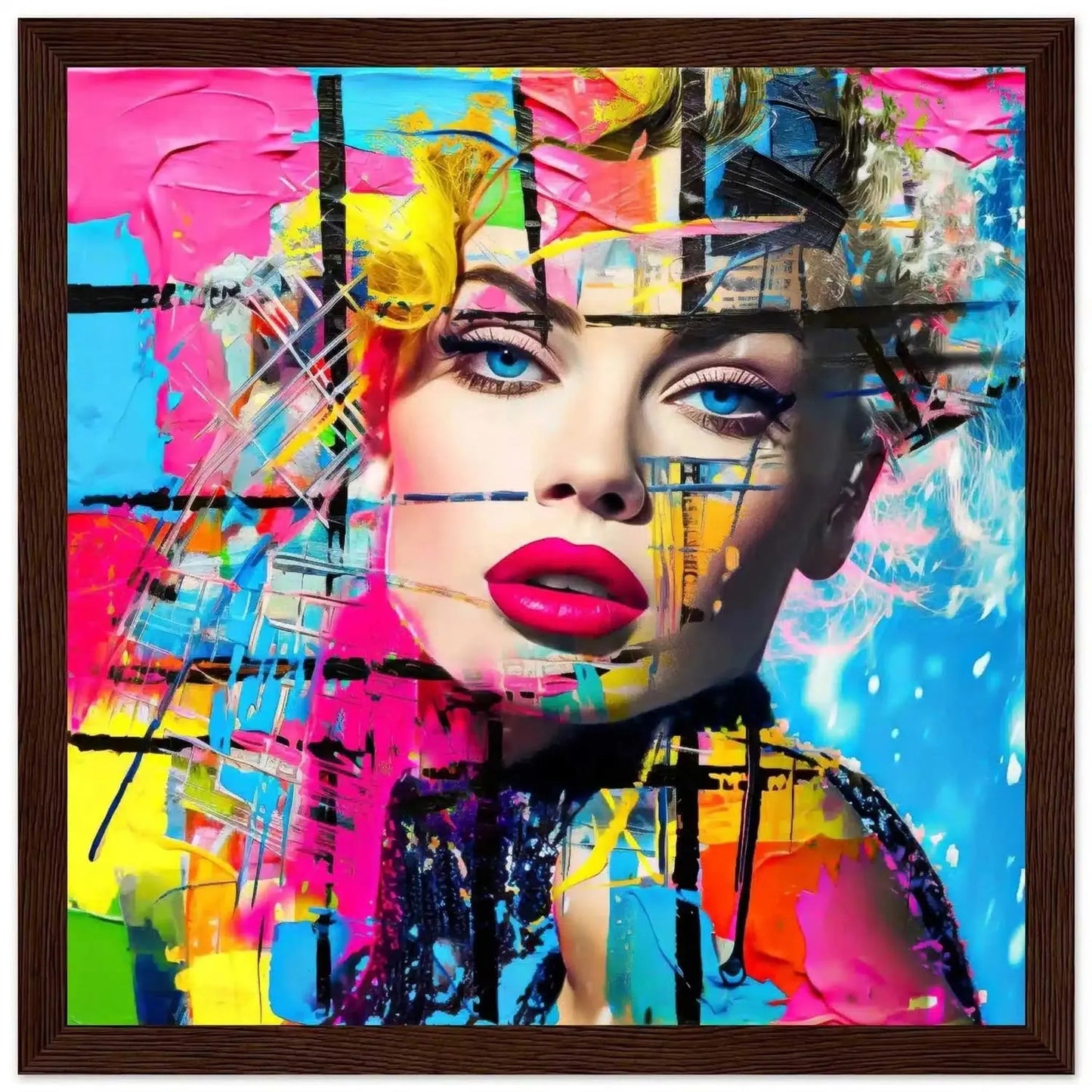 Chroma Blended Fusion: Abstract portrait of a woman surrounded by neon geometric shapes and glitch effects in a brown wooden frame-Graphique Addictions.