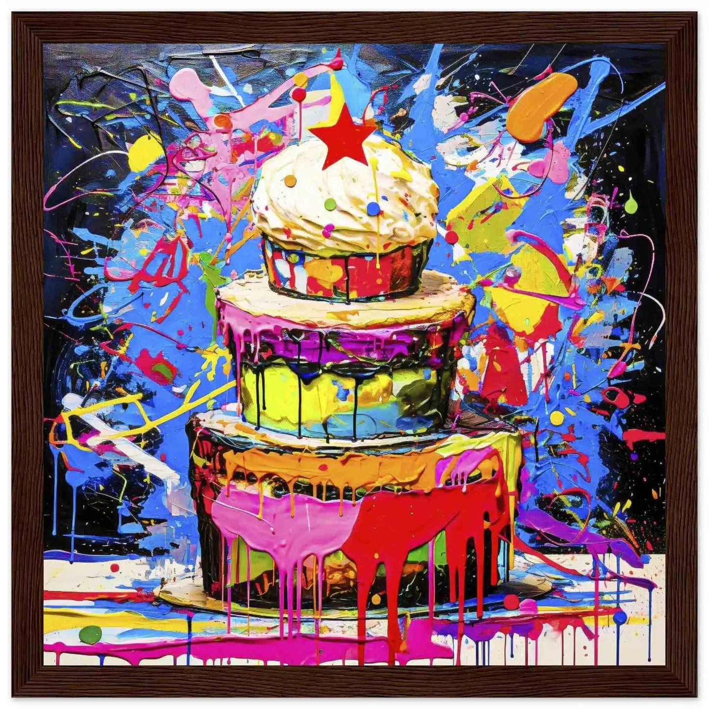 Chromatic Cake Confection: Multi-tiered birthday cake with colorful frosting dripping down its sides, neon paint splashes in a brown wooden frame. Graphique Addictions.