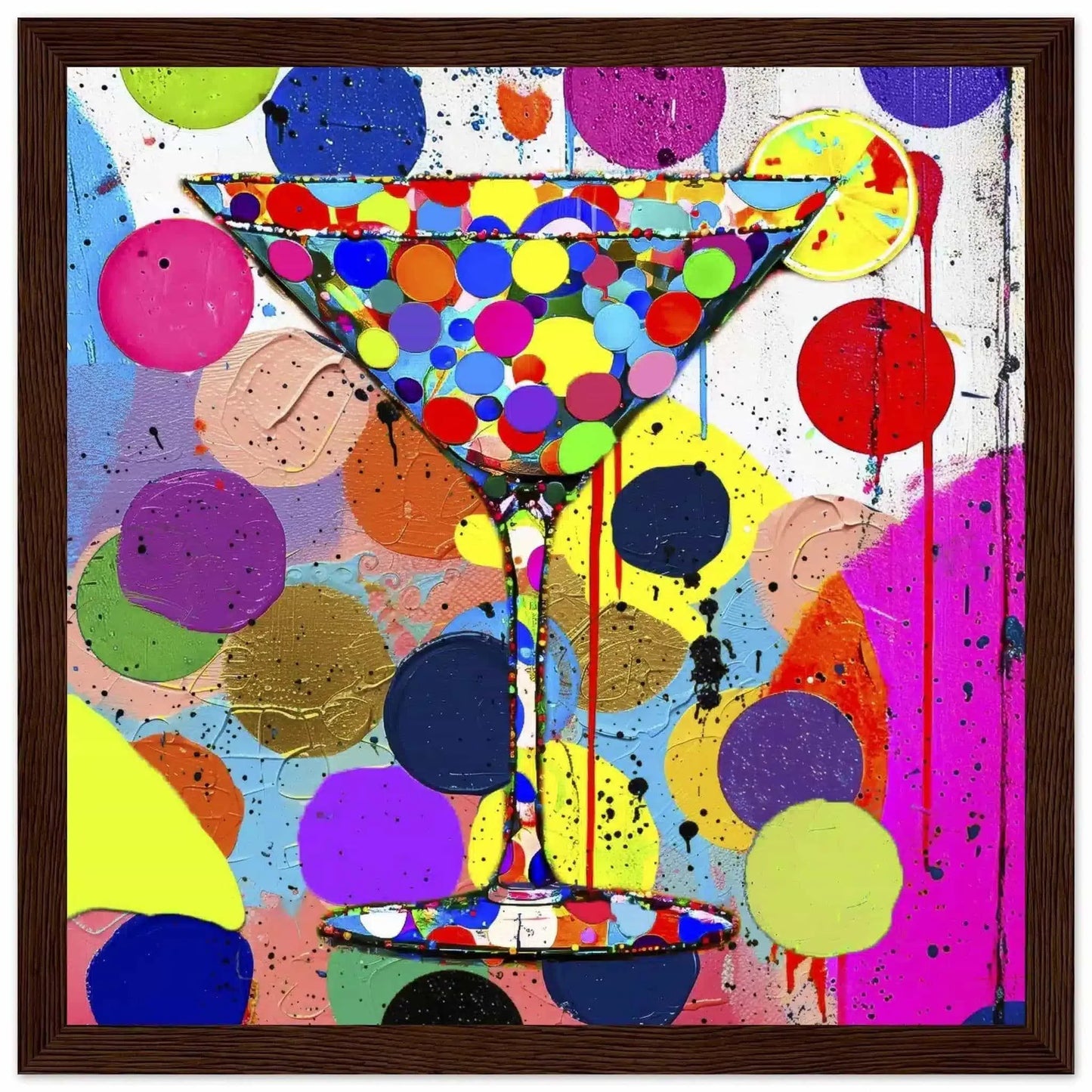 Brown wooden framed art print of a multi-colored polka-dotted martini glass and colorful dots in the background. Titled: Dotted Martini Delight-Graphique Addictions.
