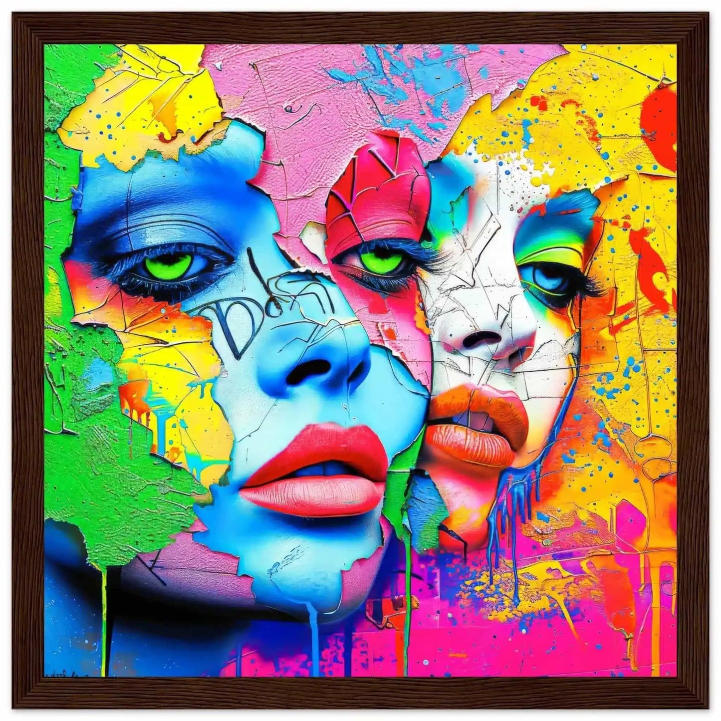 Brown wooden framed art print of 2 women's multi-colored porcelain faces that blend into a colorful painted background. Titled: Dual Pop Persona-Graphique Addictions.