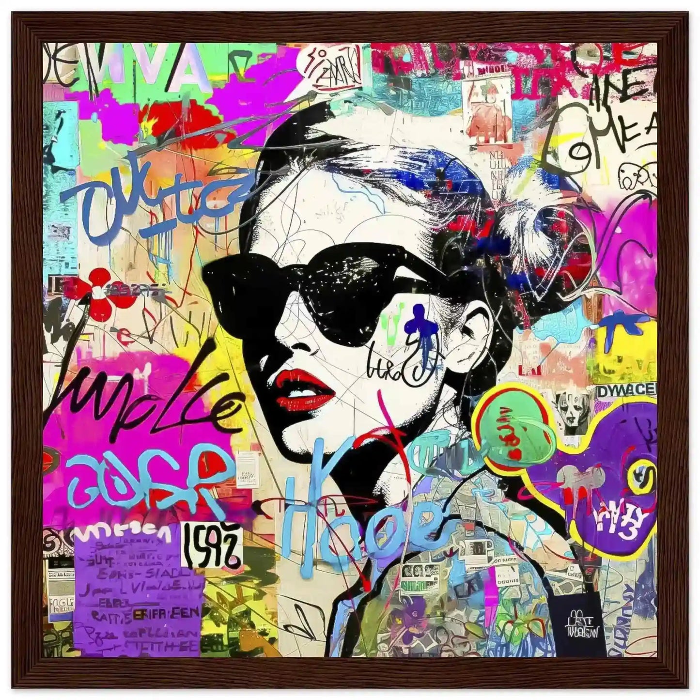 Brown wooden framed art print of a woman wearing sunglasses with tattoes on her body and face. Surrounded by street-style stickers, labels, numbers, letters, and symbols in vibrant colors. Titled: Graffiti Chic Chronicles-Graphique Addictions.