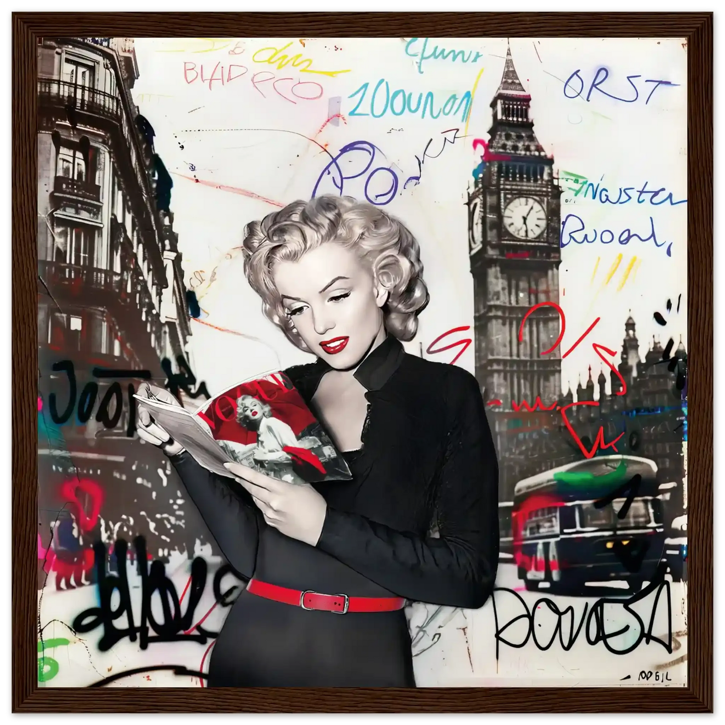Black and white art of Marilyn Monroe in London with vibrant red lips, Big Ben behind her, and colorful graffiti.-dark-brown-12x12-inches-wooden-framed-print-marilyn-in-london, Graphique Addictions