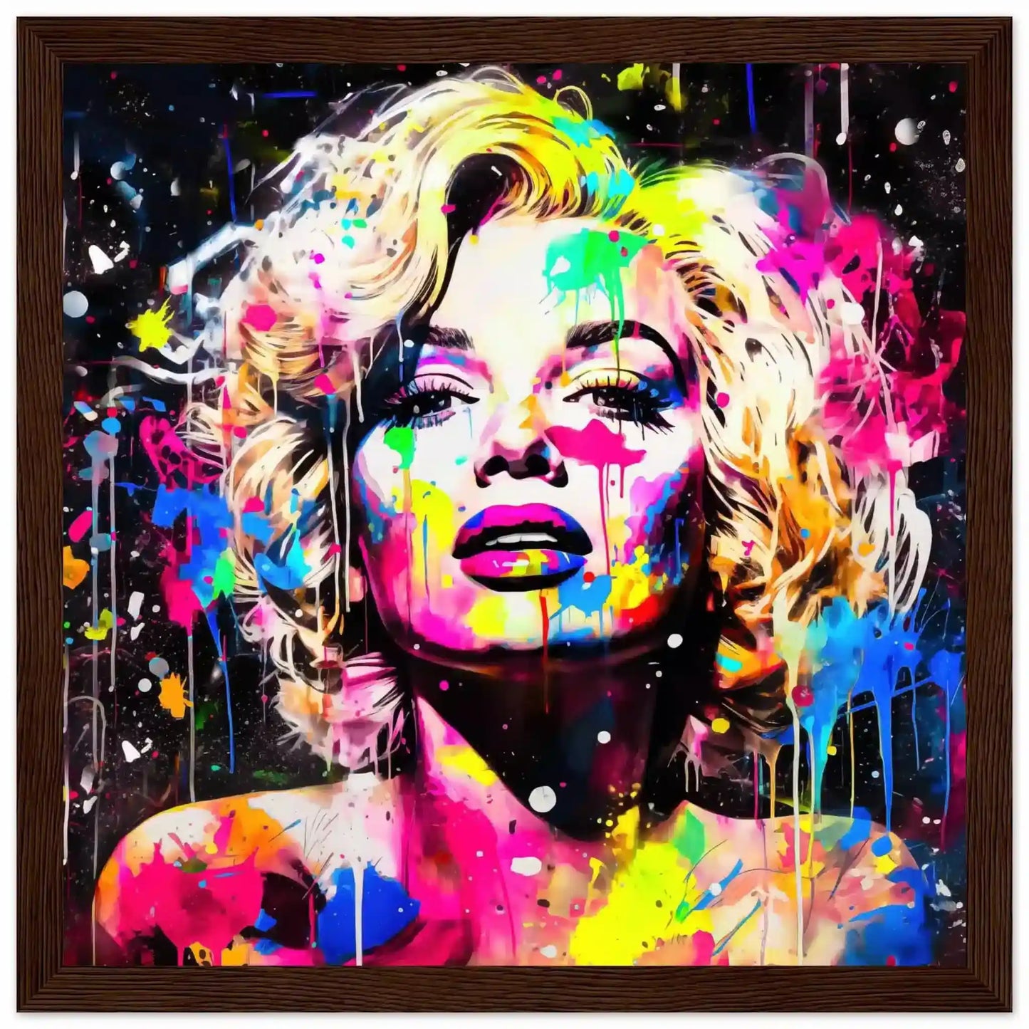 Brown wooden framed print of Marilyn Monroe's face splattered with colorful paint. Marilyn's Splatter-Sensation-Graphique Addictions.