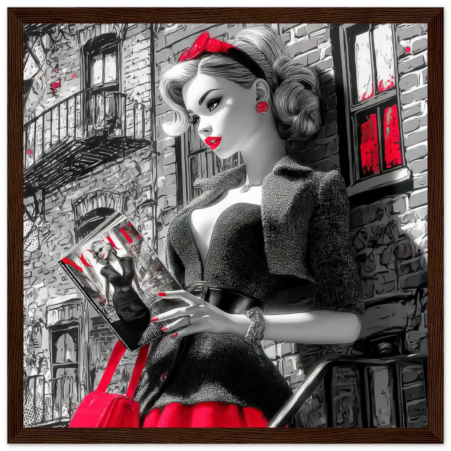 Black and white art of a fashion doll wearing a red skirt and black blazer, on a NYC street corner holding a magazine-dark-brown-12x12-inches-wooden-framed-print-nyc-noir-doll, Graphique Addictions