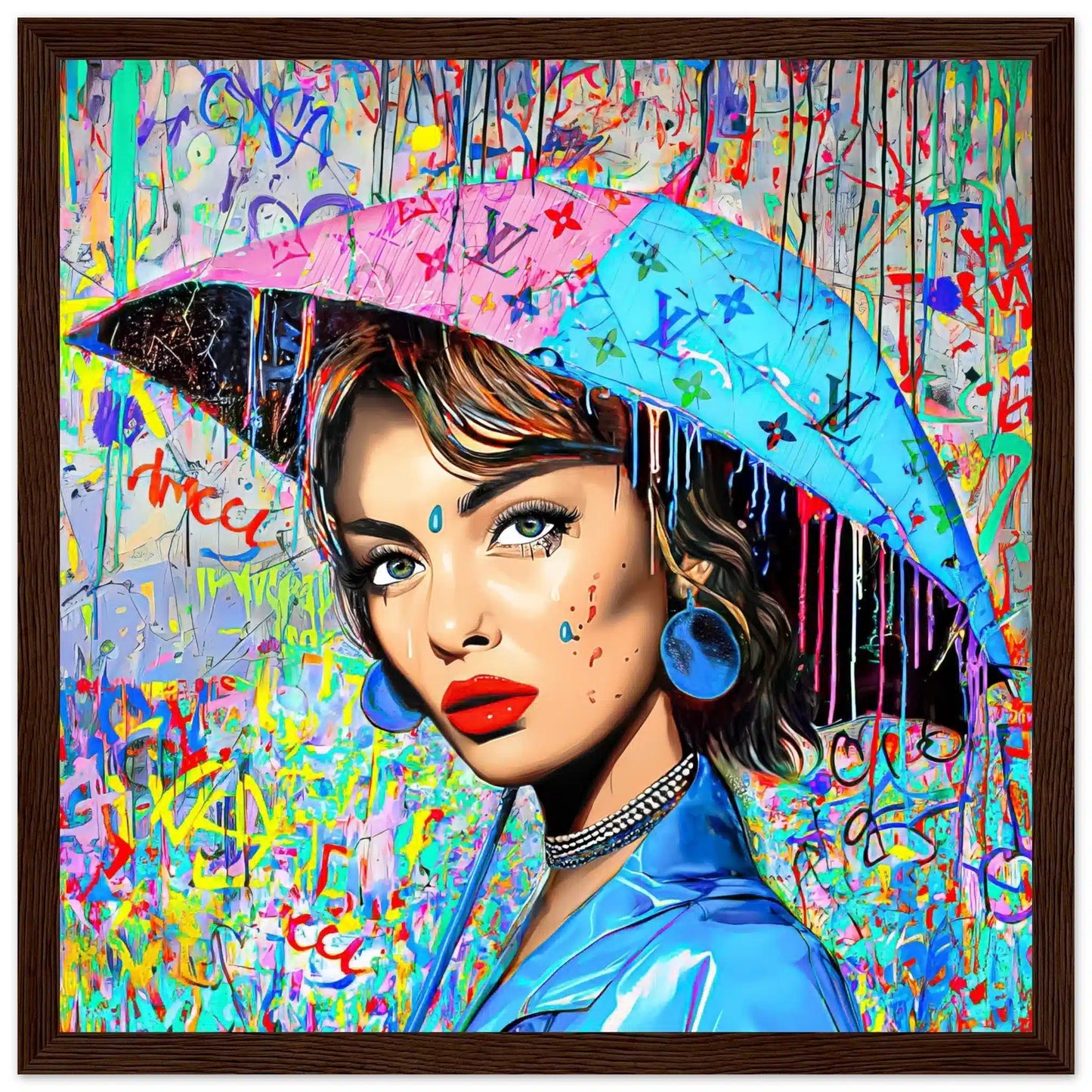 Brown wooden framed print of Audrey Hepburn holding an umbrella decorated with graffiti and Louis Vuitton-inspired monogram and a backdrop with patterns of graffiti and dripping paint. Painted Rainfall-Graphique Addictions.