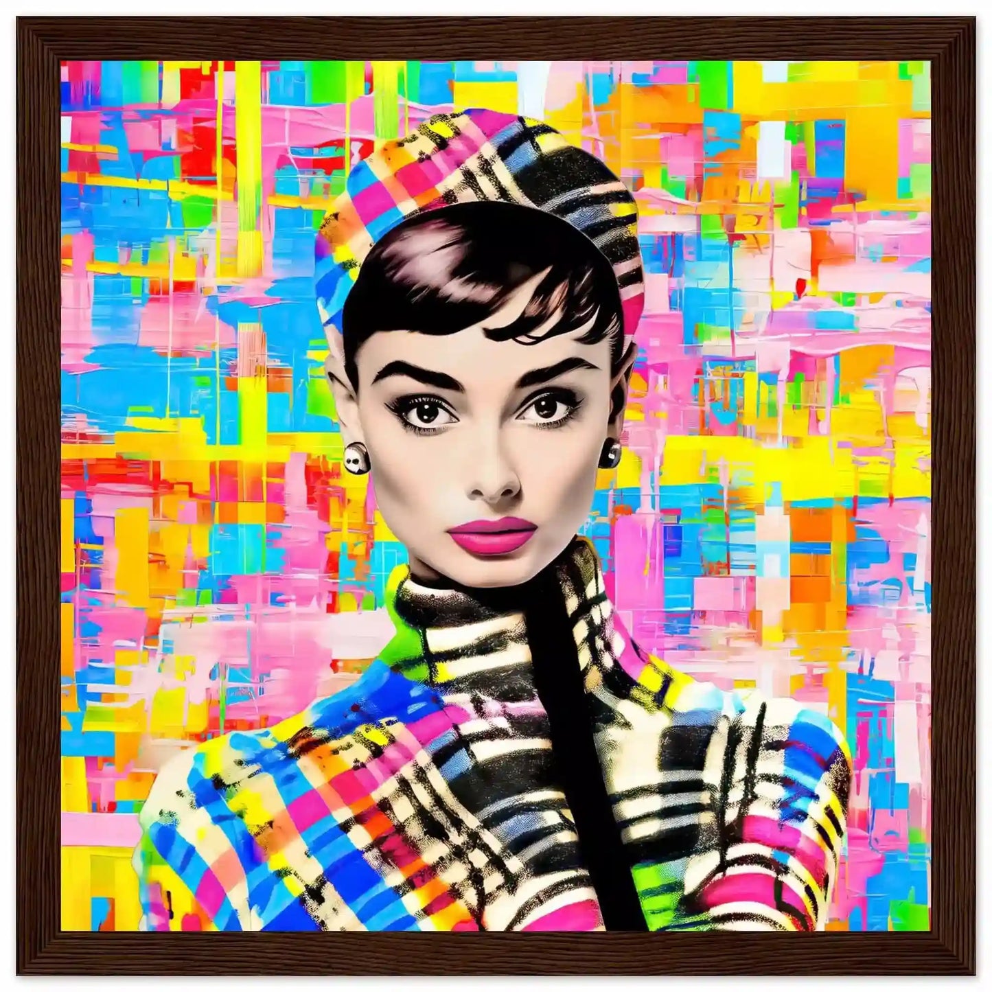 Brown wooden framed print featuring Audrey Hepburn on Multicolored Plaid Background.