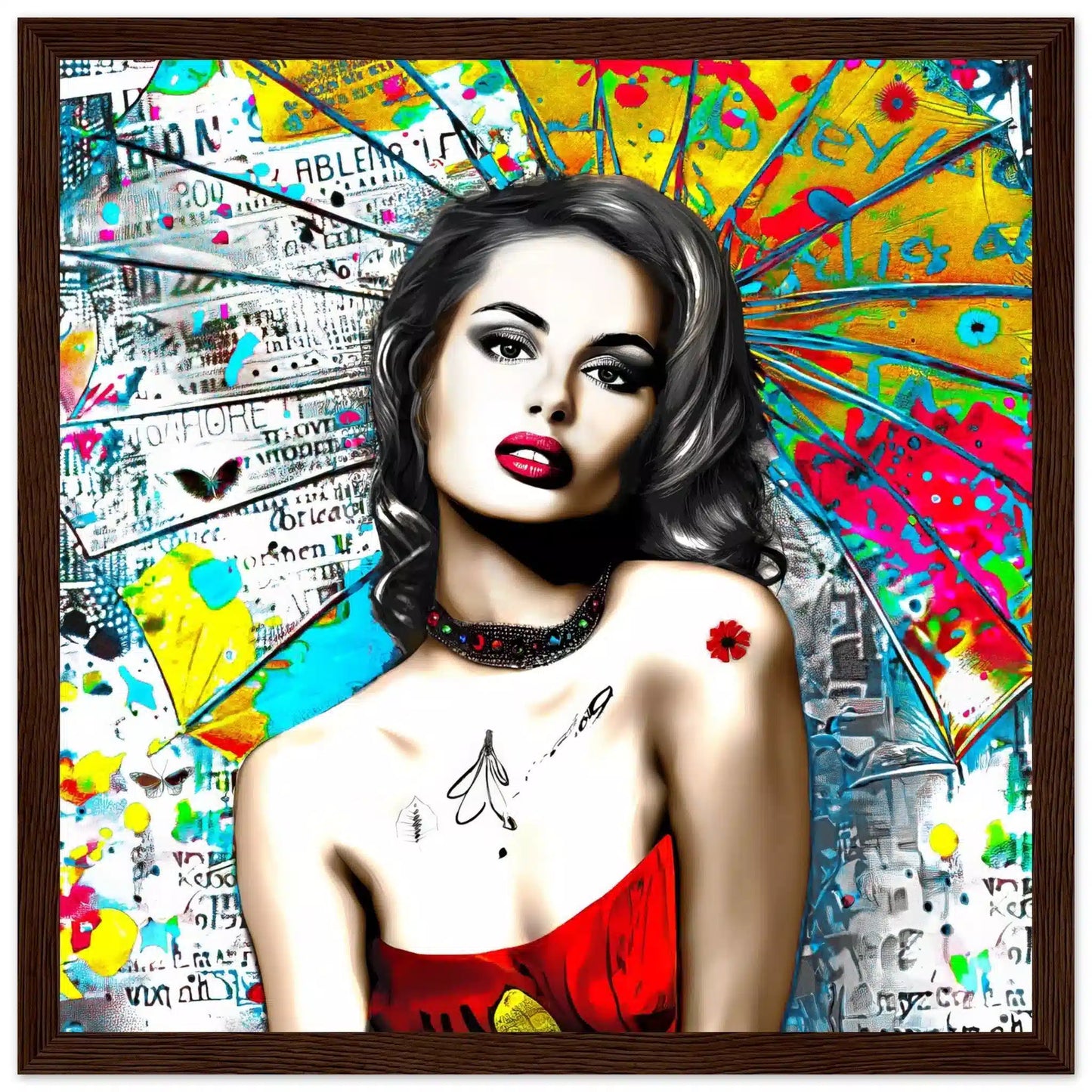 Dark brown wooden frame of woman against vibrant graffiti ink and vibrant colors. Umbrella Ink Pop-Graphique Addictions.