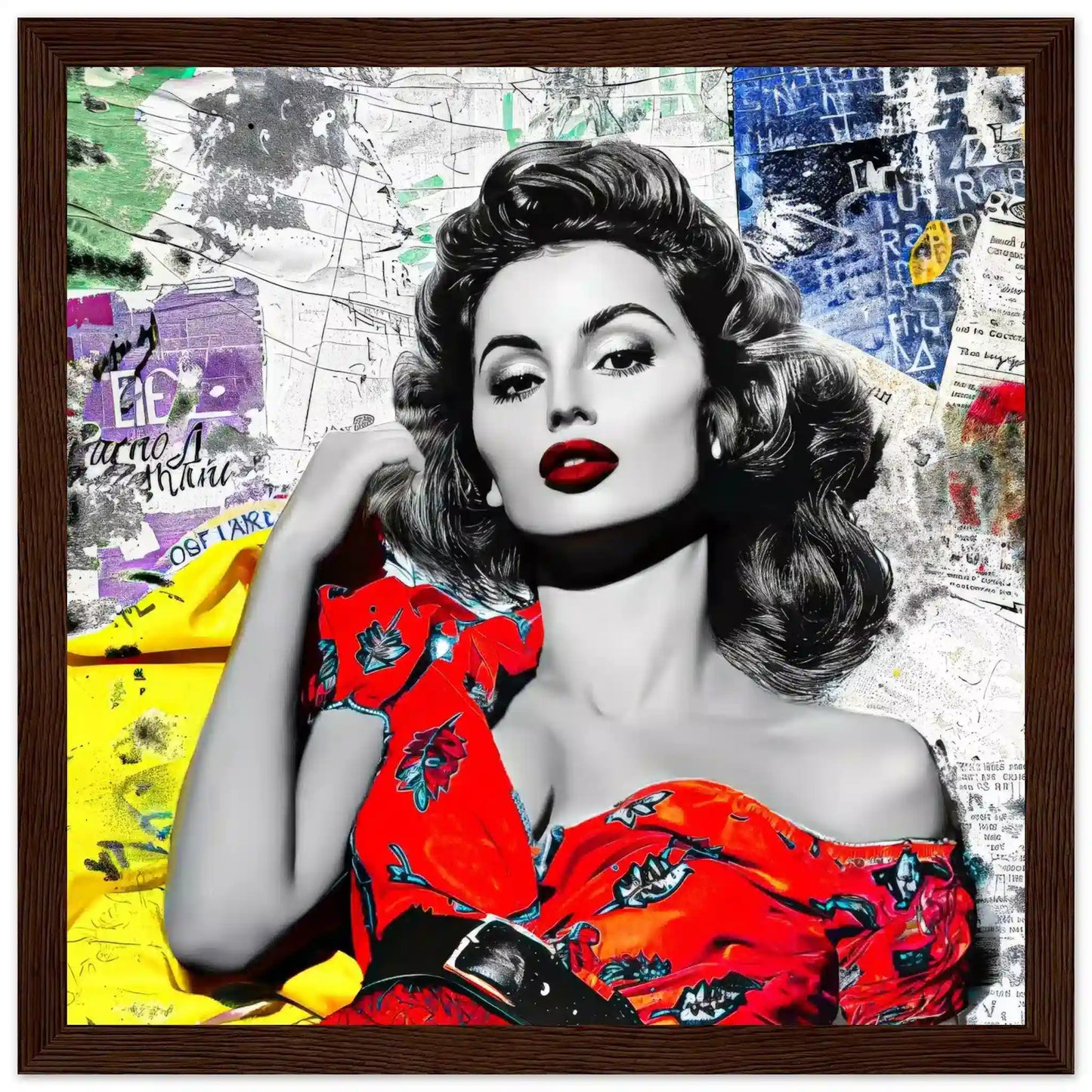 Sophia Lauren in red dress surrounded by colorful newspaper clippings and maps. Brown Wooden Framed Print-Vintage Starlet - Framed Print-Graphique Addictions