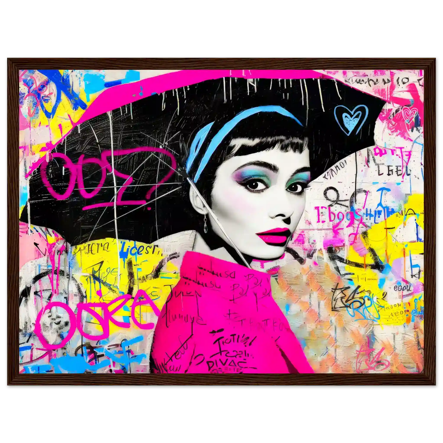 Brown wooden framed print of colorful graffiti pop art portrait of Audrey Hepburn holding an umbrella. Graffiti Drizzle, Graphique Addictions.