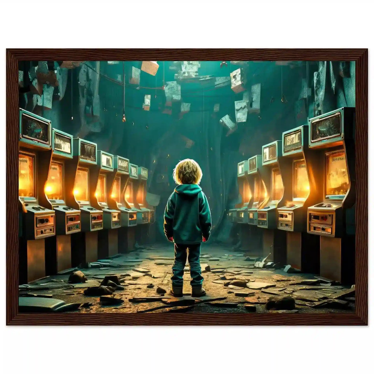 brown wooden framed print of little boy standing in an abandoned arcade with broken machines and scattered debris. Forgotten Arcade Room-Graphique Addictions.